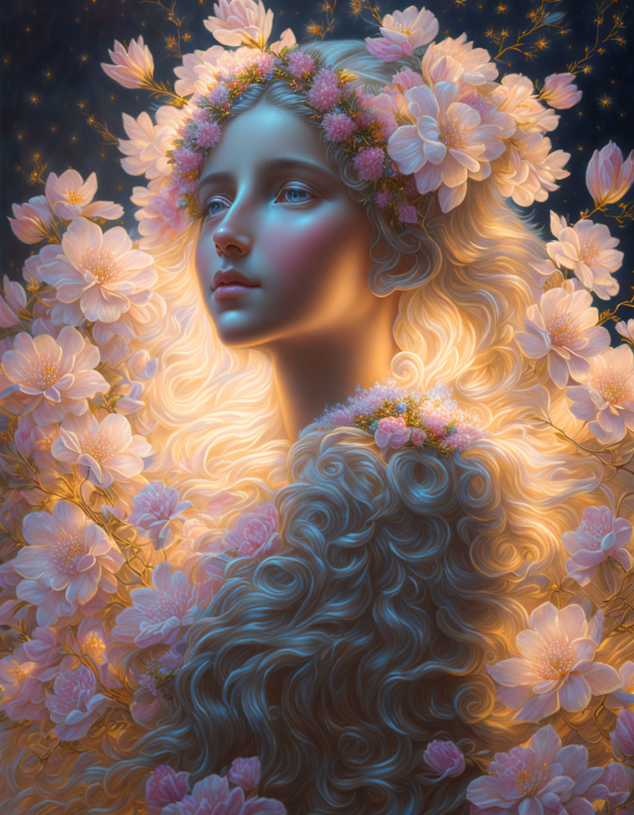 Ethereal woman with golden hair and pink flower wreath in starry setting