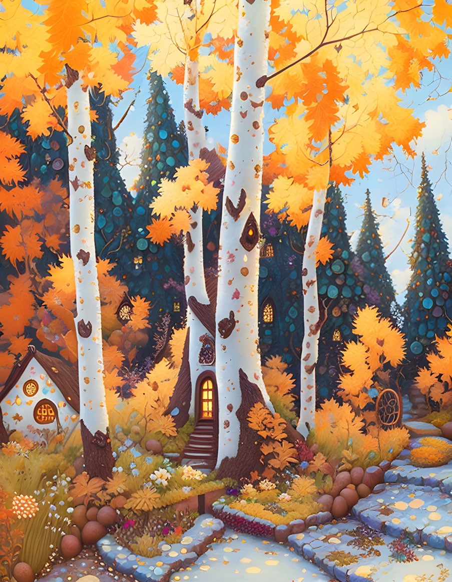 Autumnal forest scene with whimsical houses, cobblestone path, river, fall foliage