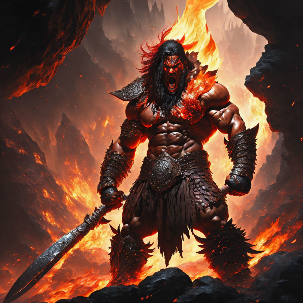 Muscular barbarian warrior with long black hair in fiery volcanic landscape