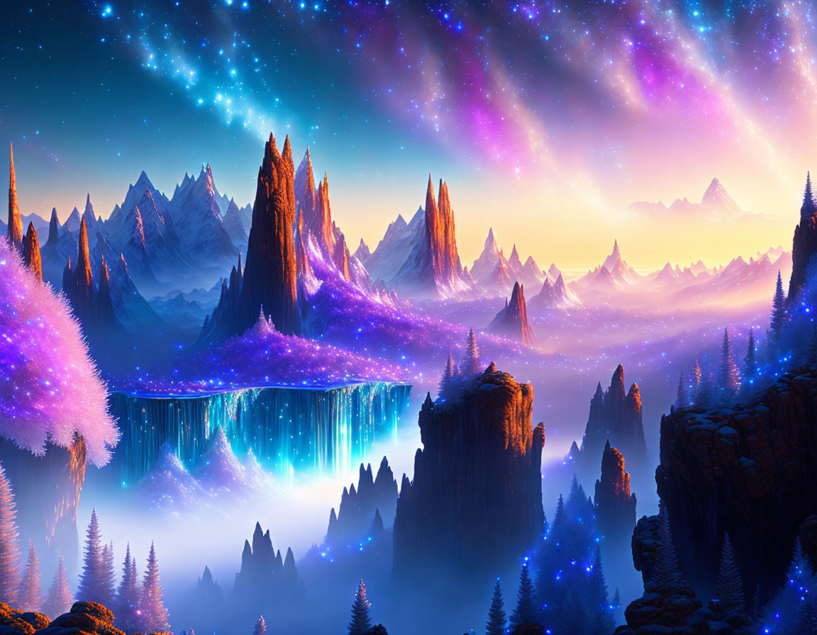 Majestic purple mountains, waterfalls, starry sky, and glowing flora in digital art landscape