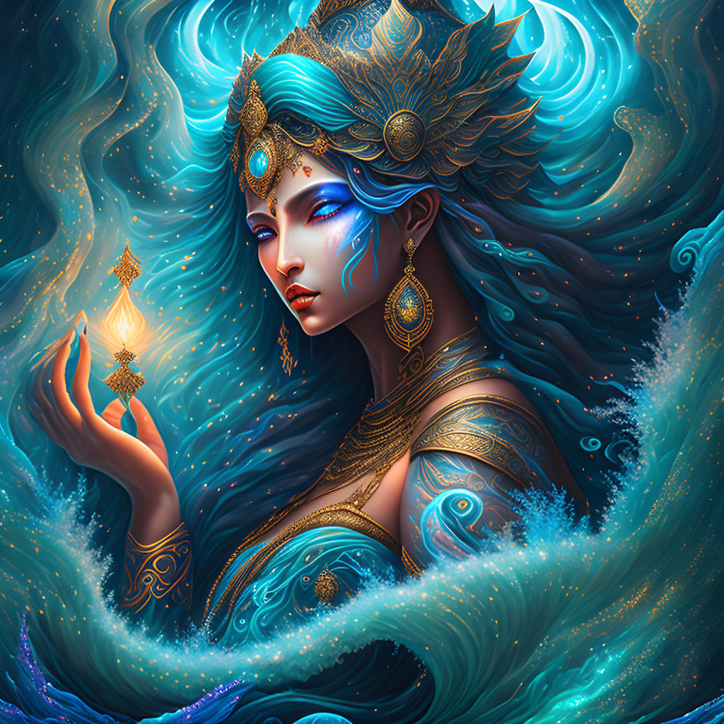 Illustrated mystical woman with blue skin and glowing lantern in aqua-toned hair