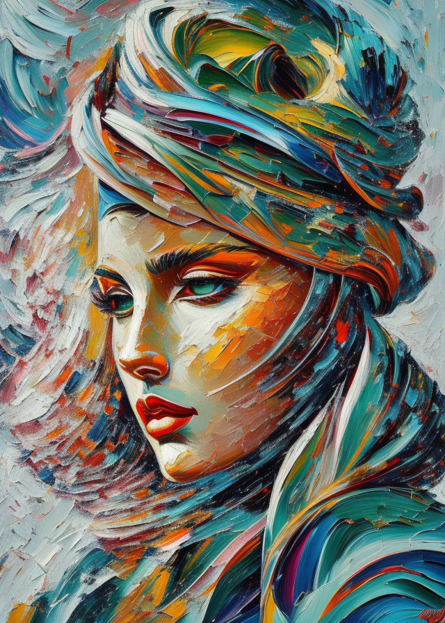 Colorful expressionistic painting of a woman with a vibrant turban and striking blue-green eyes