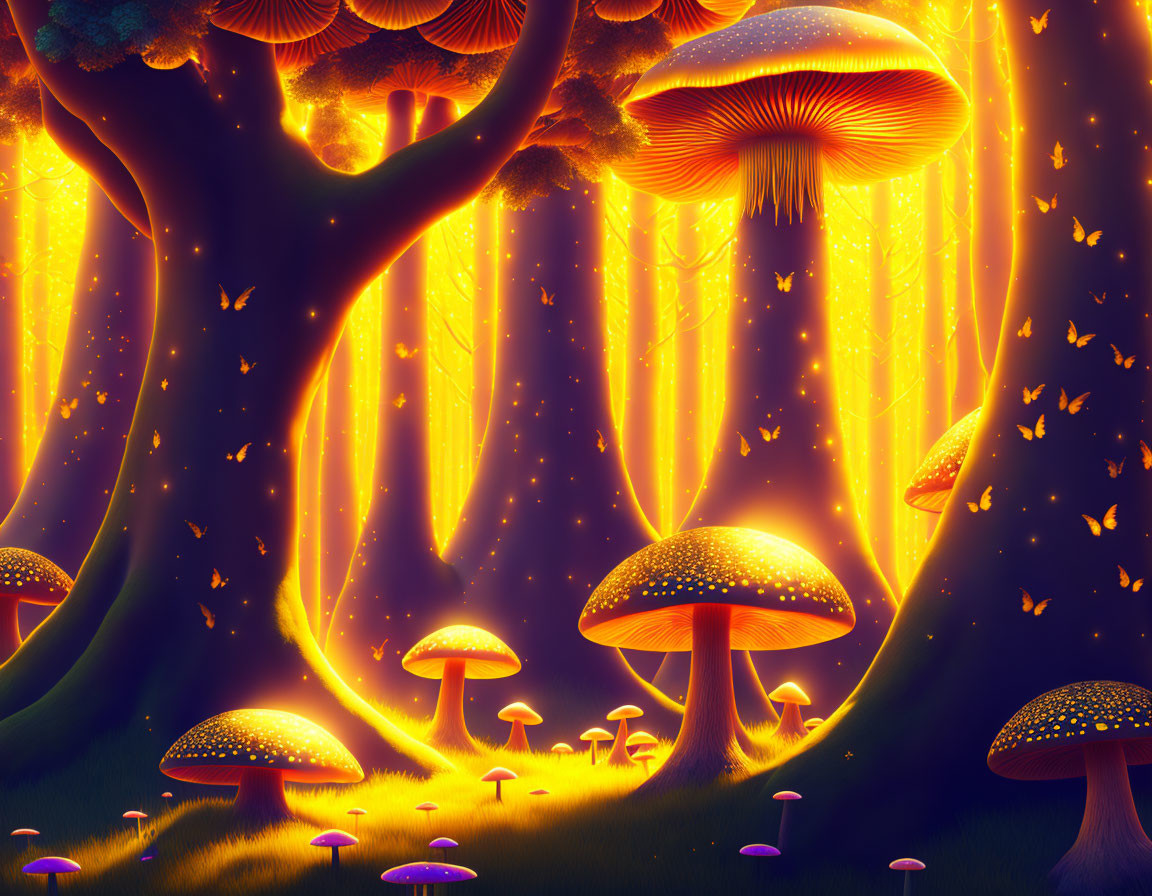 Enchanting Bioluminescent Forest with Glowing Mushrooms and Trees