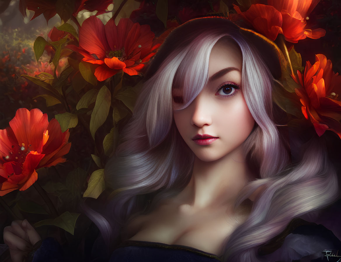 Digital Portrait of Woman with Silver Hair and Purple Eyes Among Red Flowers