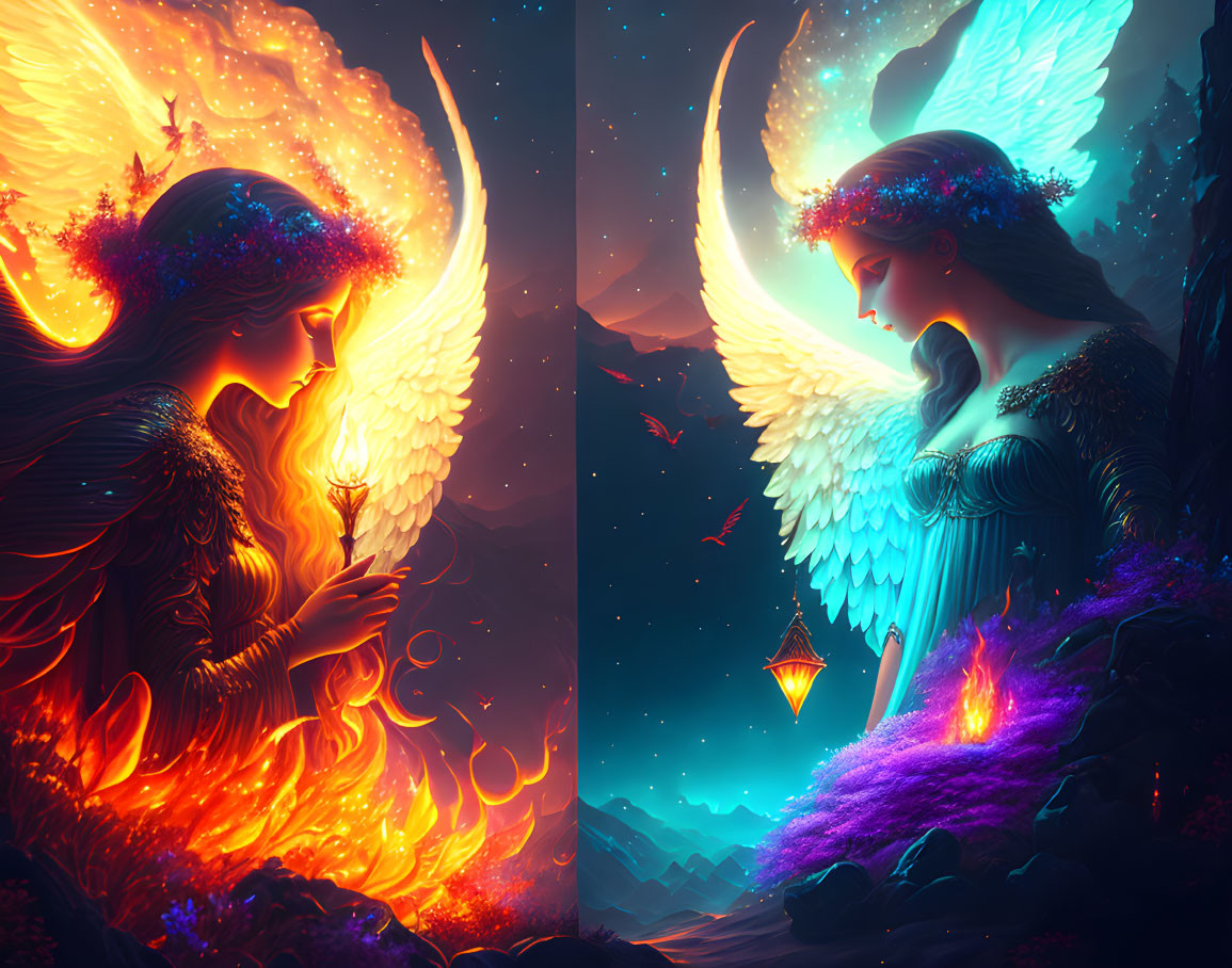 Fantastical image: Winged beings in fiery and starry auras with mystical landscape.