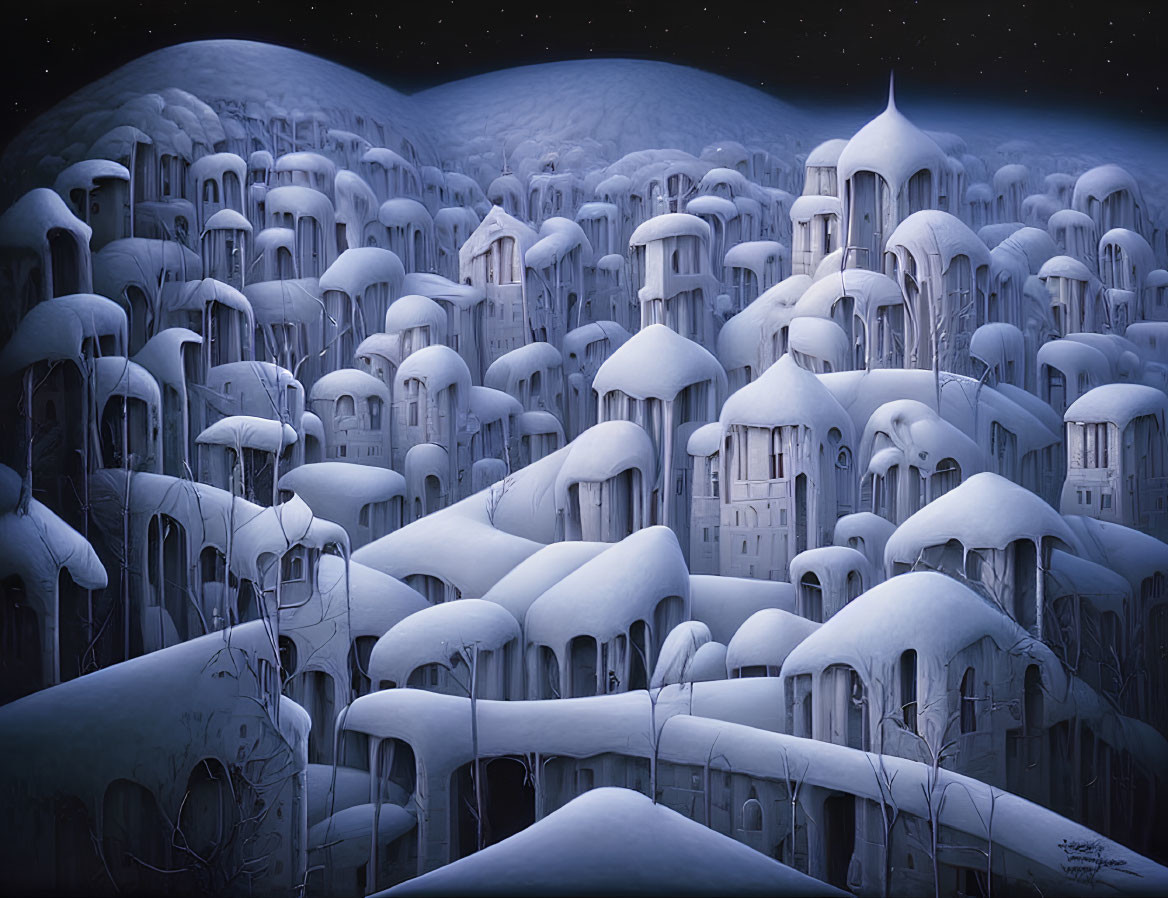 Snow-covered fantasy city with domes and spires under starry night sky