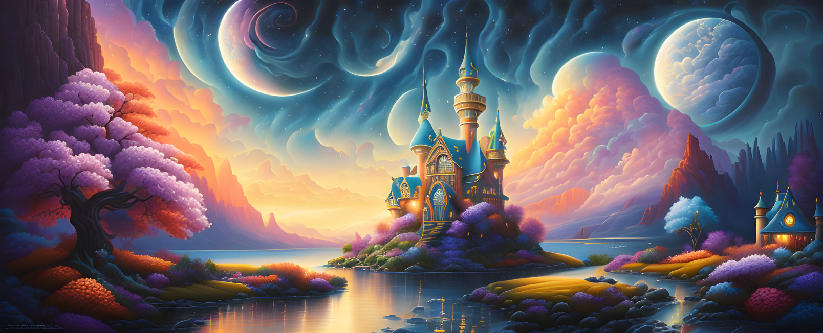 Majestic castle in vibrant fantasy landscape