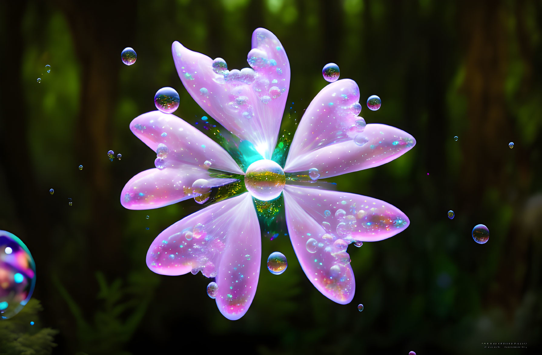 Pink Flower with Water Droplets and Bubbles on Green Background