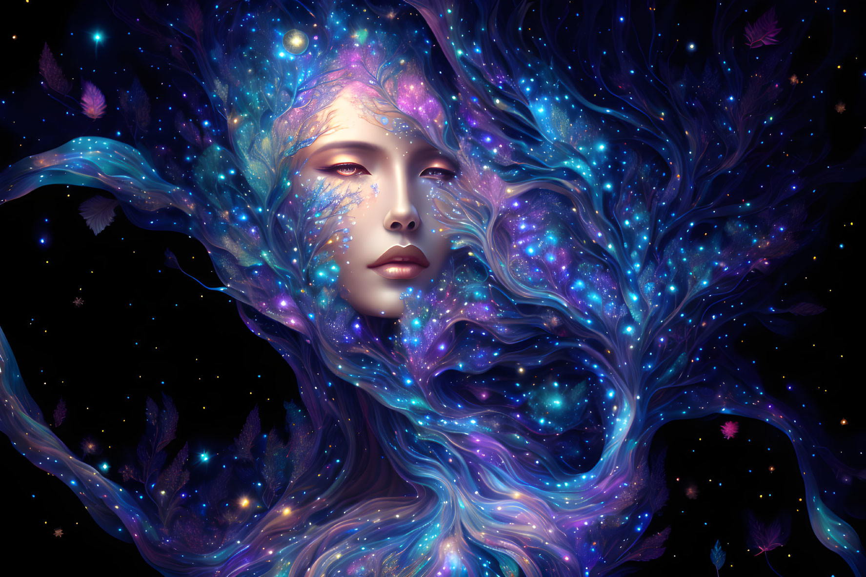 Woman's visage merging with cosmic tree branches in ethereal illustration