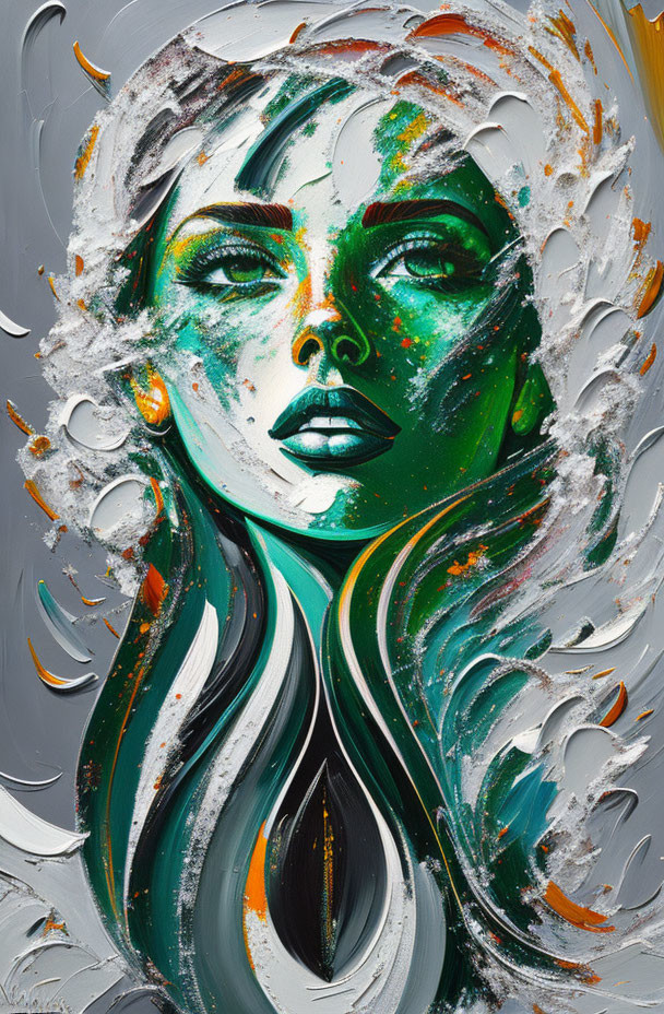 Colorful Abstract Painting of Woman with Green Skin and Bold Lips