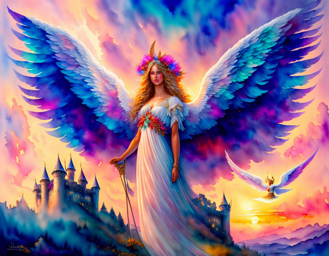 Fantastical image of woman with angelic wings and staff in vibrant sky