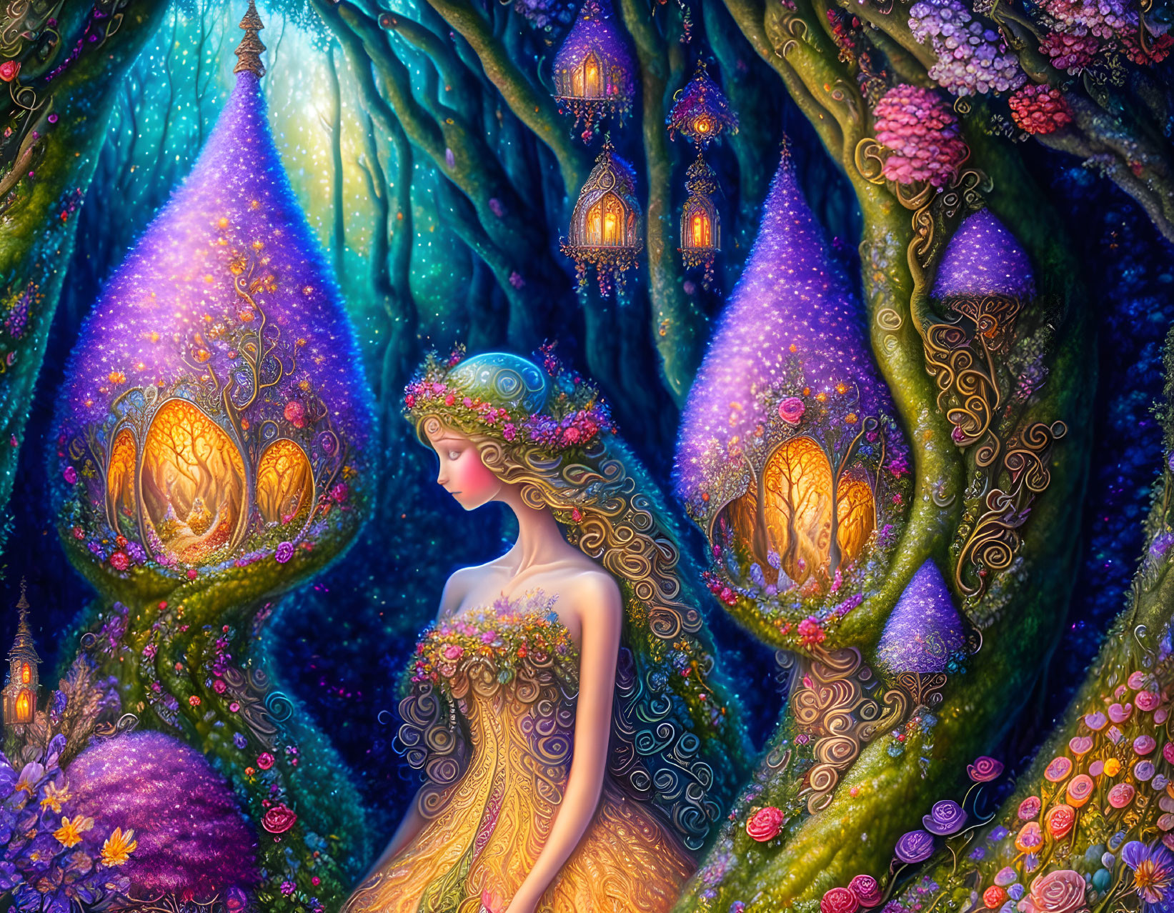 Woman in floral dress in enchanted forest with glowing trees and lanterns