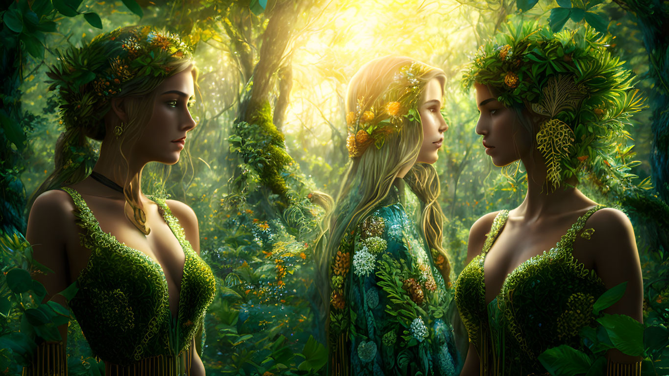 Three women with floral crowns in sunlit enchanted forest