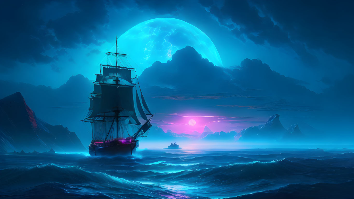 Sailing ship on moonlit sea with rising moon and misty mountains