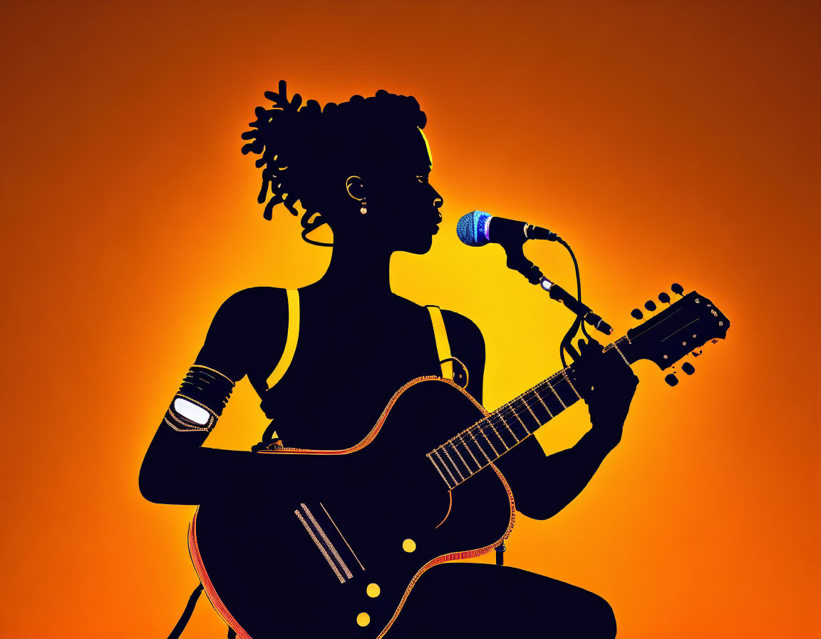 Female Musician Silhouetted Playing Guitar and Singing on Orange Background