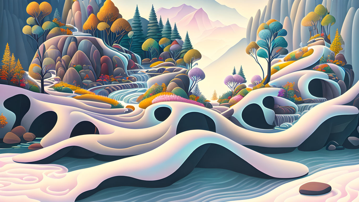 Colorful Landscape with Rivers, Trees, Snow Textures, and Mountains