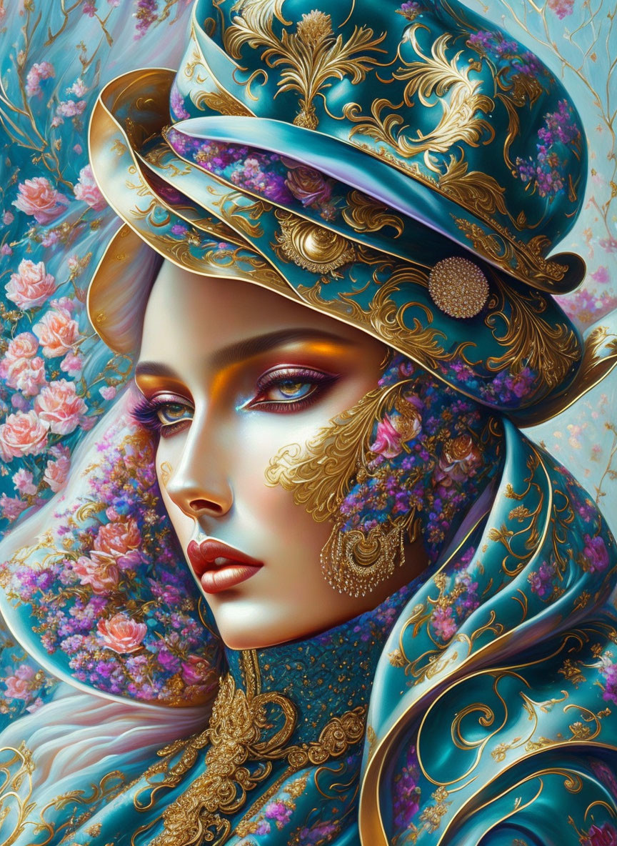 Detailed Illustration of Woman in Turquoise & Gold Hat & Cloak with Floral Background