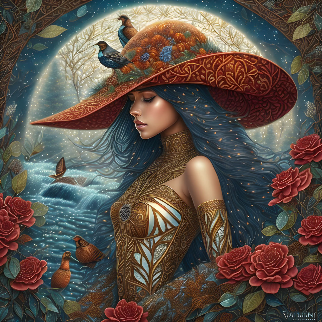 Illustrated woman with blue hair in wide-brimmed hat with pheasants, roses,