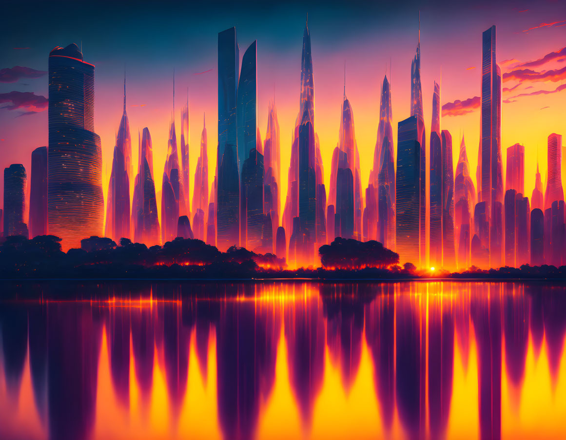 Futuristic city skyline with vibrant orange and red glow