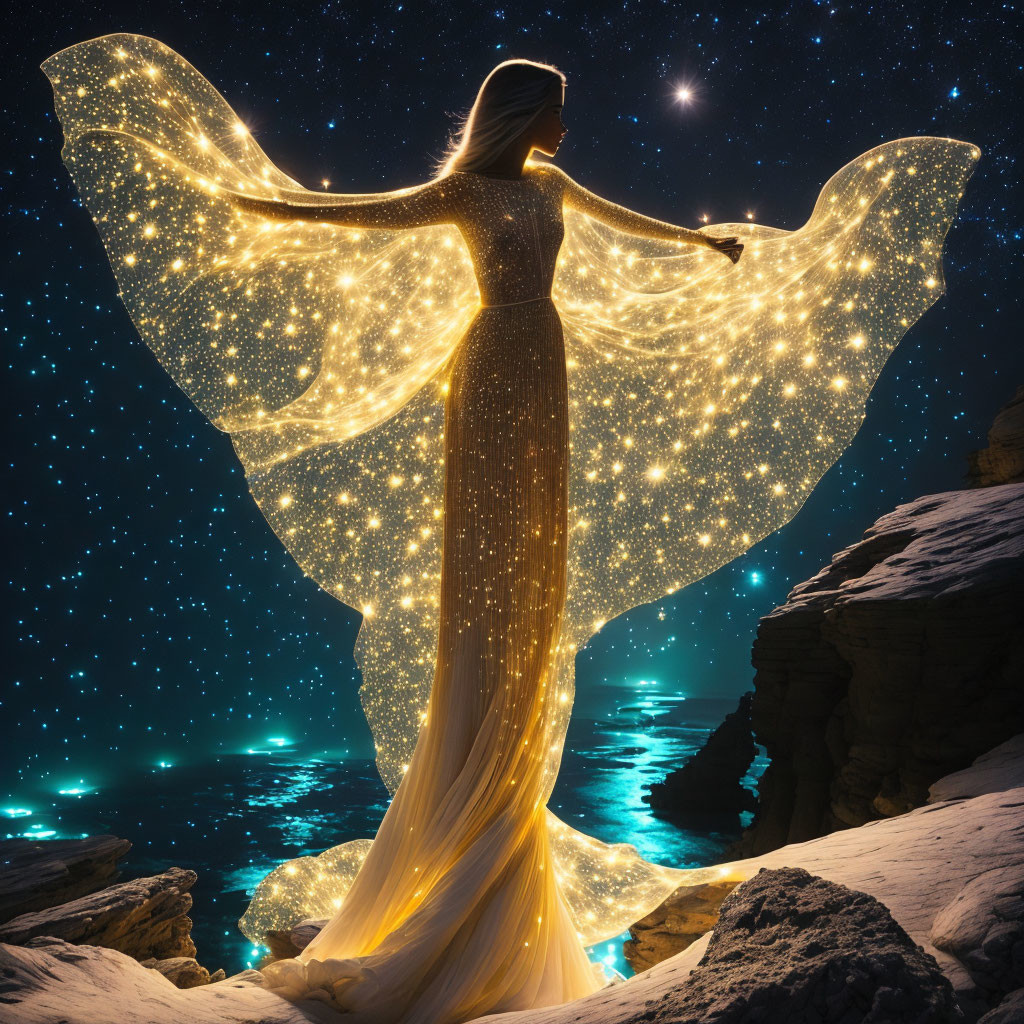 Silhouetted figure on rocky outcrop in starry gown against starlit sky