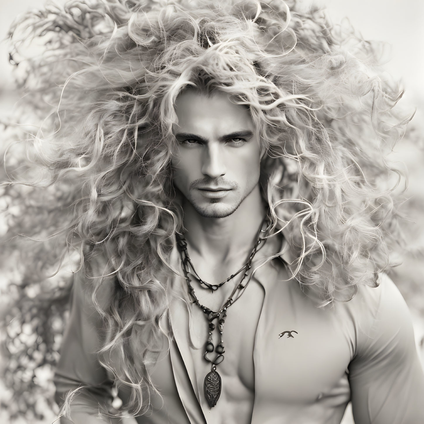 Monochrome portrait of a man with curly hair, intense gaze, and unbuttoned shirt.