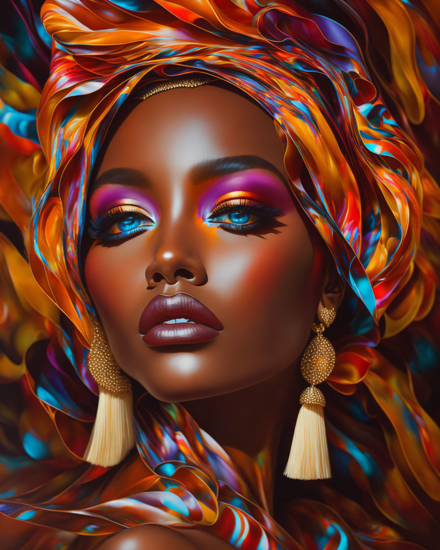 Colorful digital portrait of woman with intricate makeup and vibrant headscarf and jewelry.