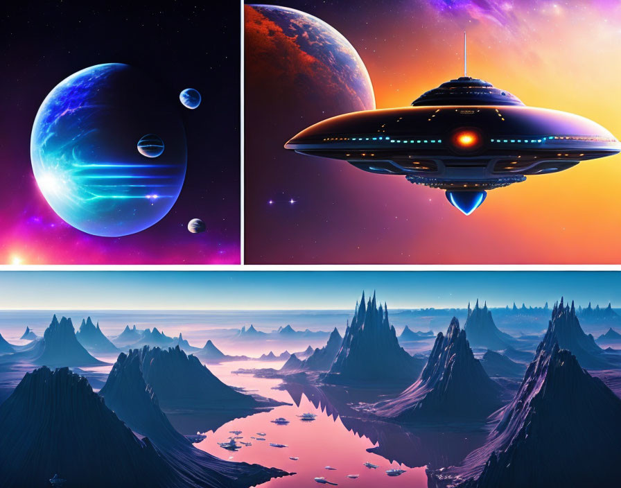 Colorful Sci-Fi Collage: Alien Spaceship, Extraterrestrial Landscape, Galaxy Sky