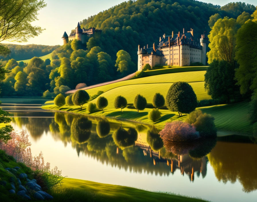 Majestic castle in verdant hills with tranquil lake and blooming flora