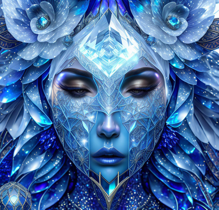 Symmetrical blue-toned digital artwork with intricate patterns and cosmic backdrop