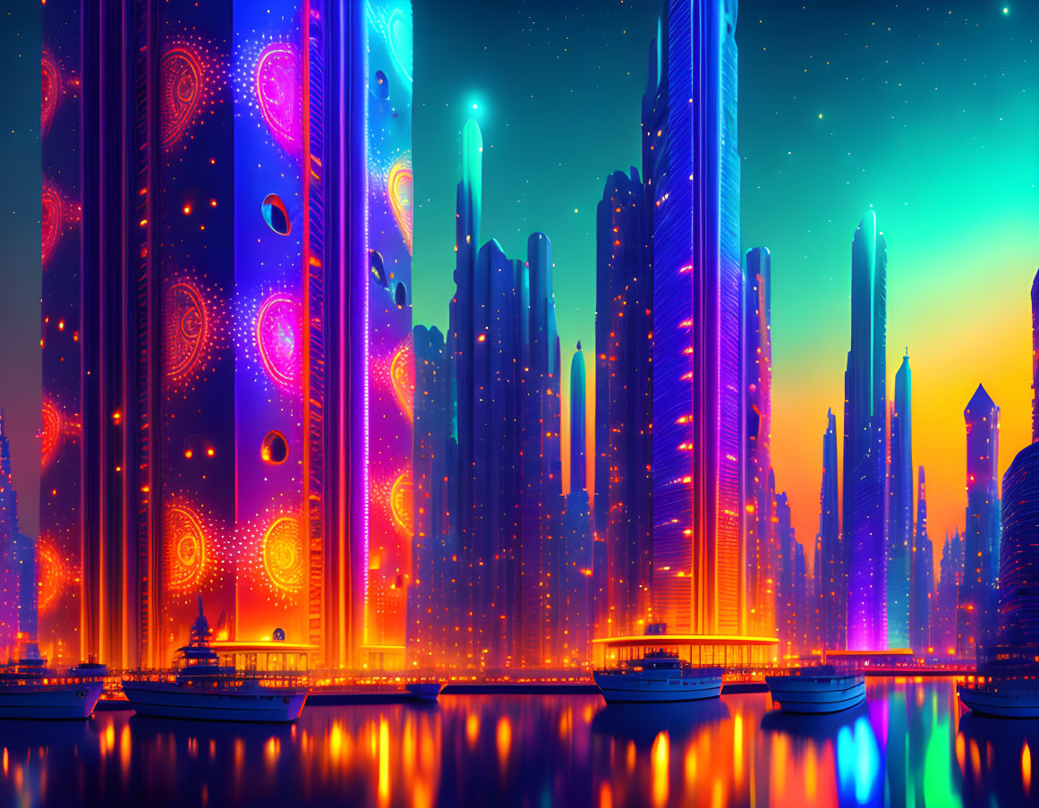 Nighttime futuristic cityscape with illuminated skyscrapers, water reflections, and starry sky.