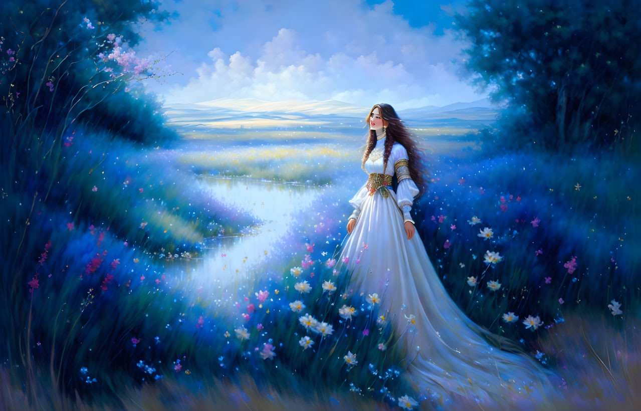 Woman in white dress surrounded by wildflowers near calm river