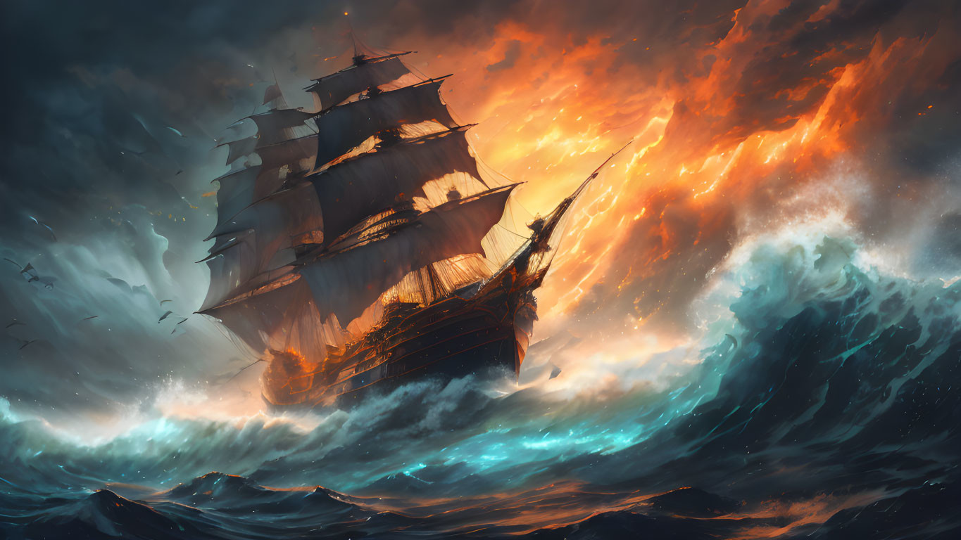 Majestic sailing ship in stormy seas with fiery sky and birds