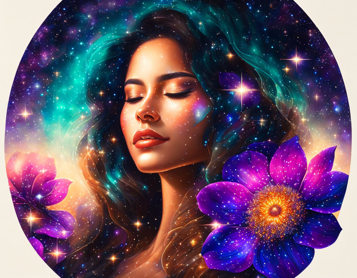 Illustration of woman with cosmic hair and purple flowers on celestial background