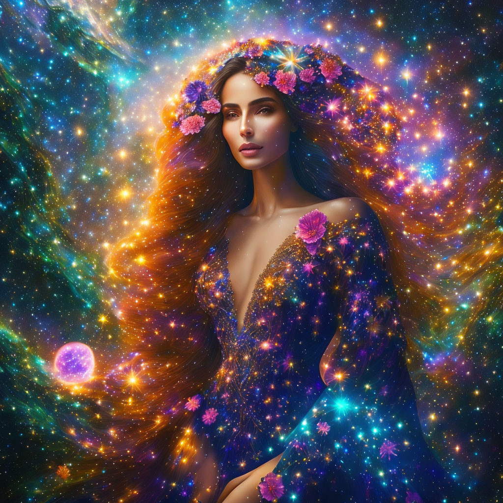 Woman with flowing hair and floral adornments in cosmic background.