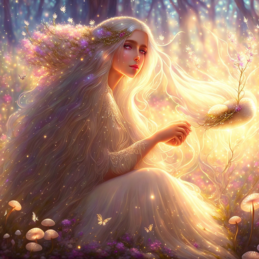 Mystical lady with long hair in magical forest with glowing plants