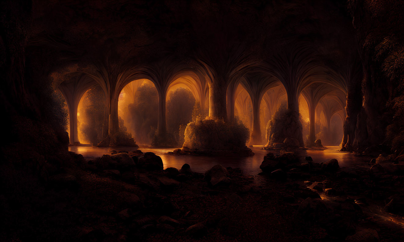 Mystical illuminated arches over serene underground water body