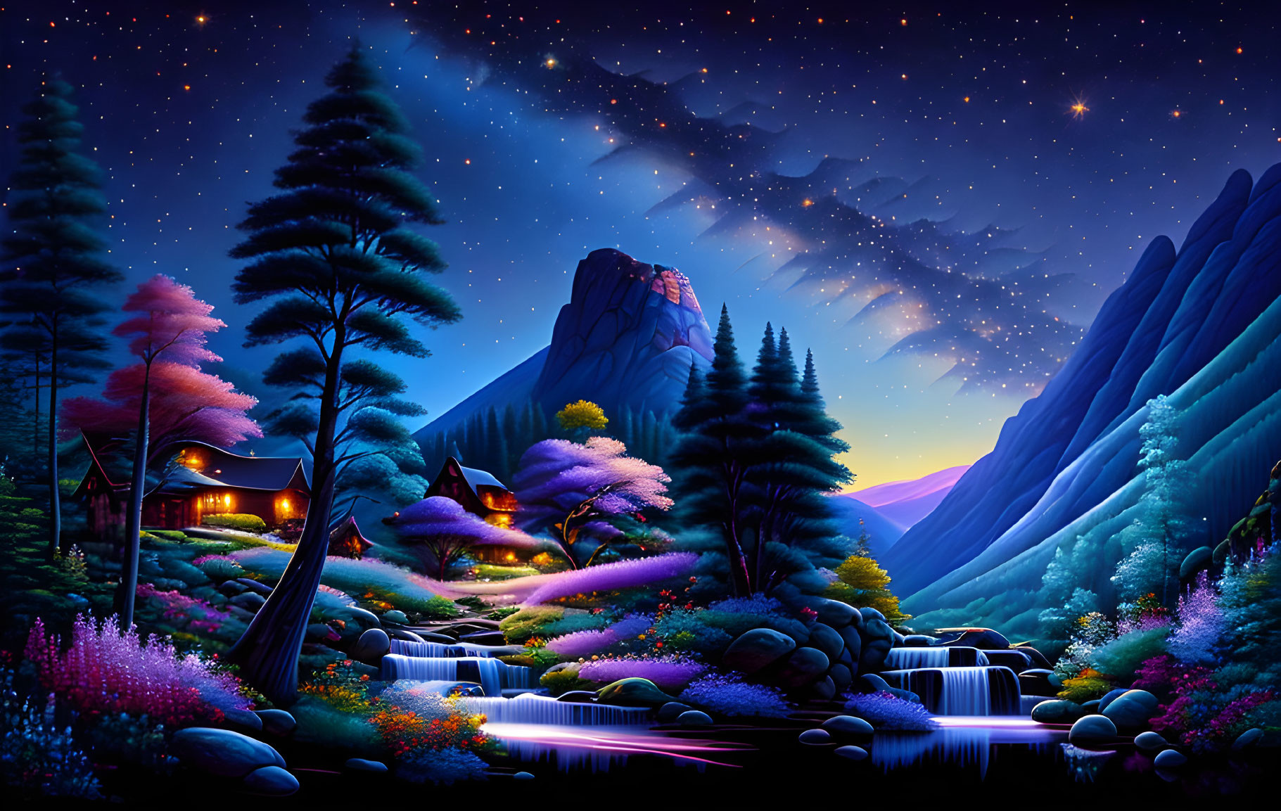 Digital artwork: Magical night landscape with waterfall, lush flora, cozy cottage, starry sky