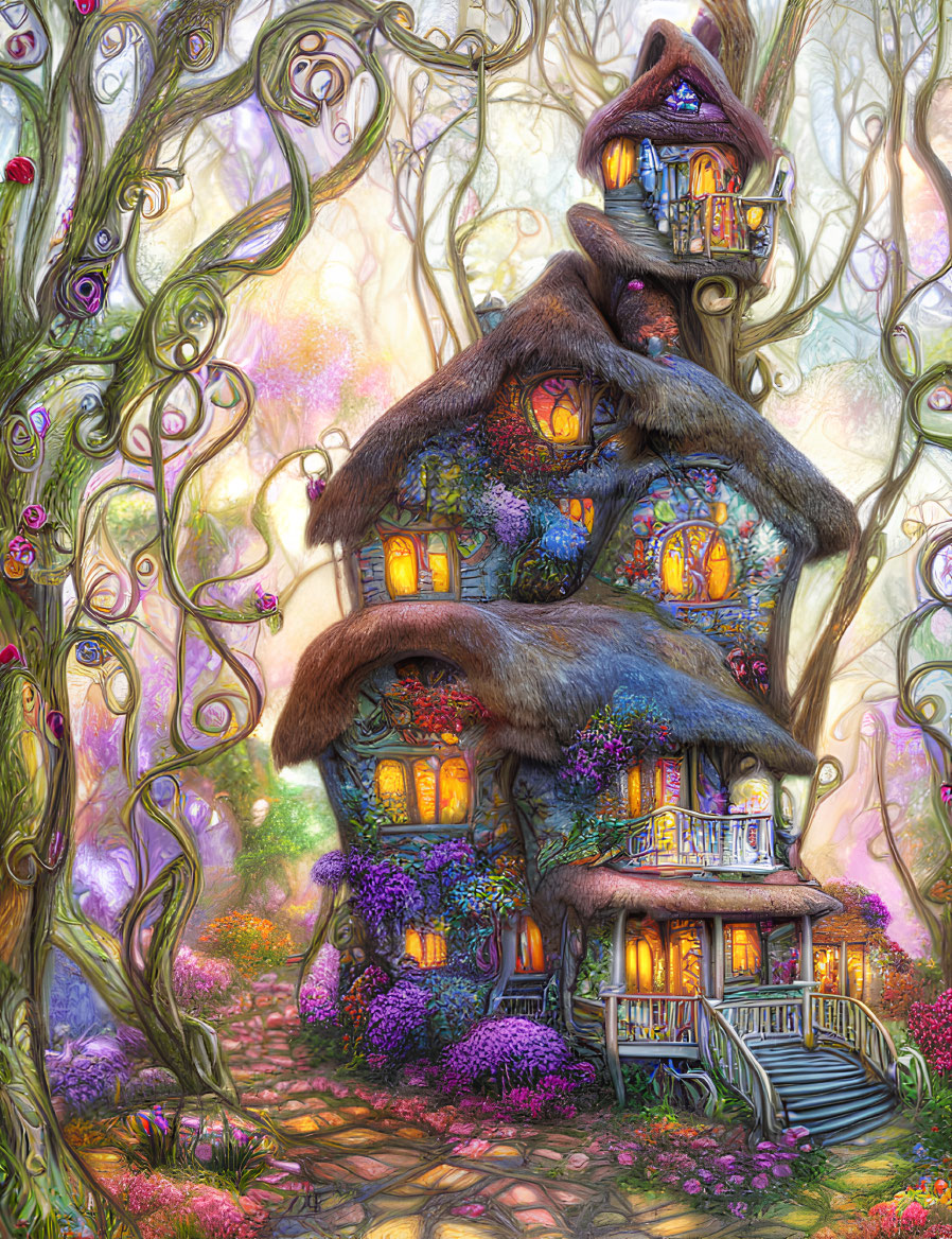 Colorful Fairytale Cottage with Glowing Windows and Vibrant Garden