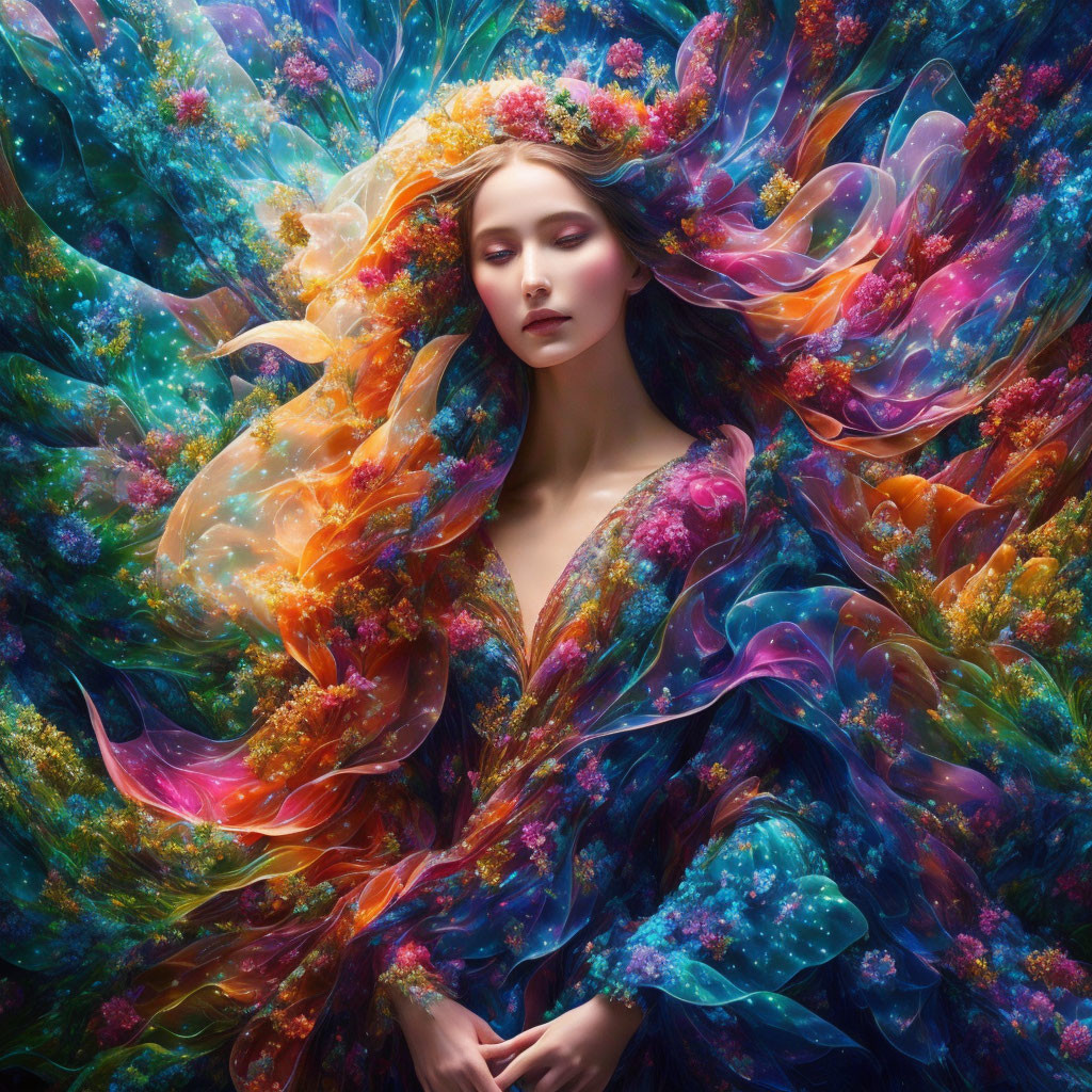 Colorful Woman with Flowing Floral Hair in Lush Fantasy Scene