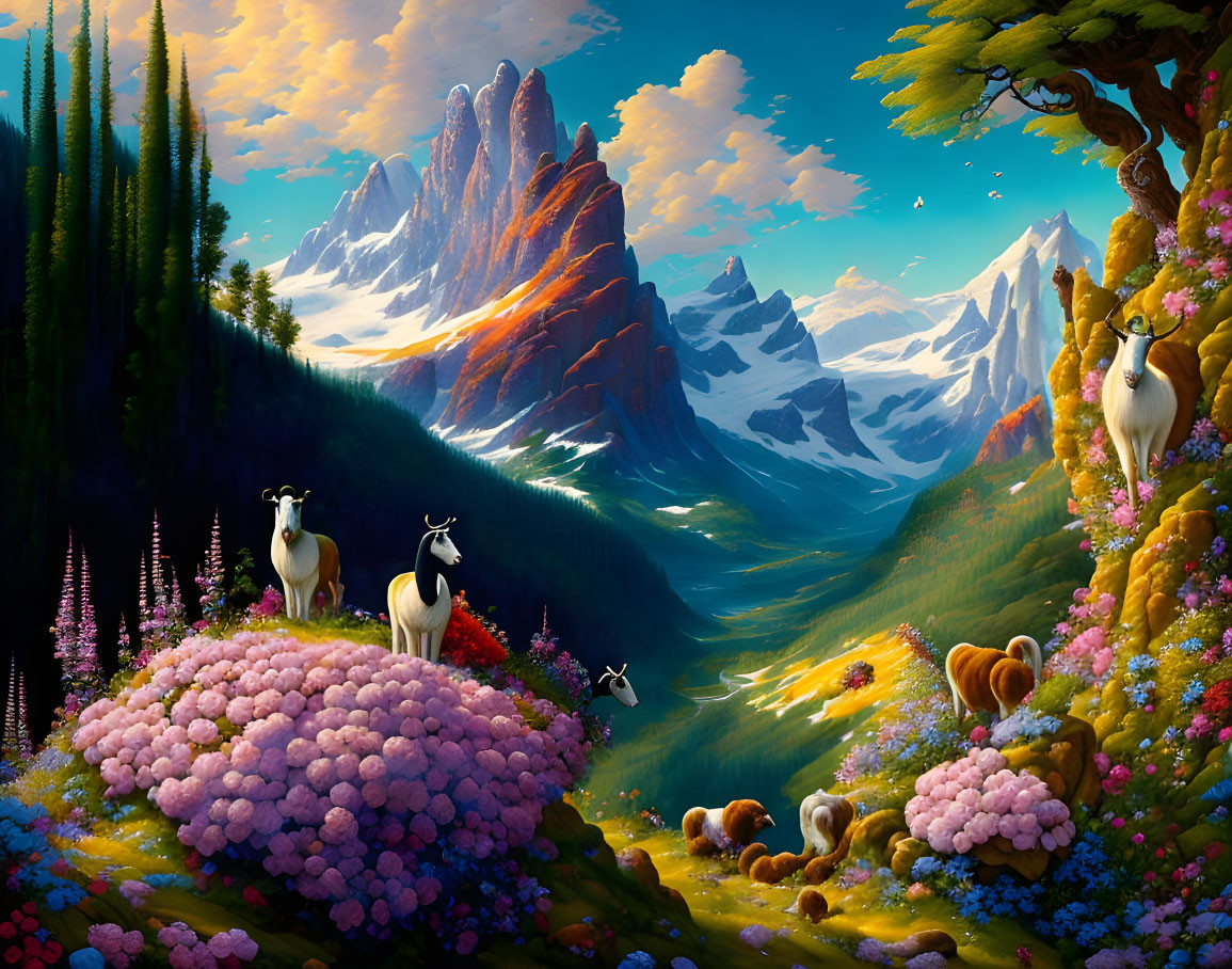 Colorful fantasy landscape with whimsical trees, vibrant flora, mountains, and animals