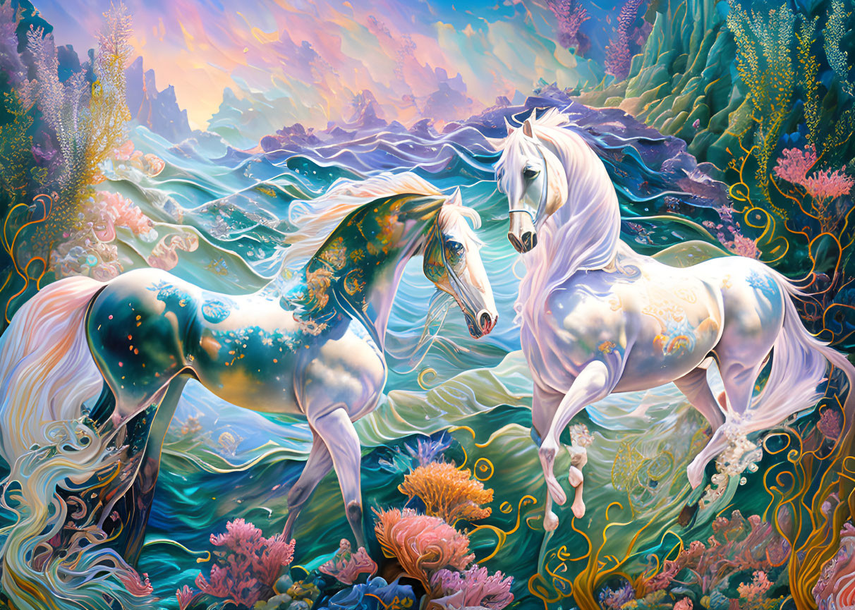 Majestic horses in vibrant fantastical seascape