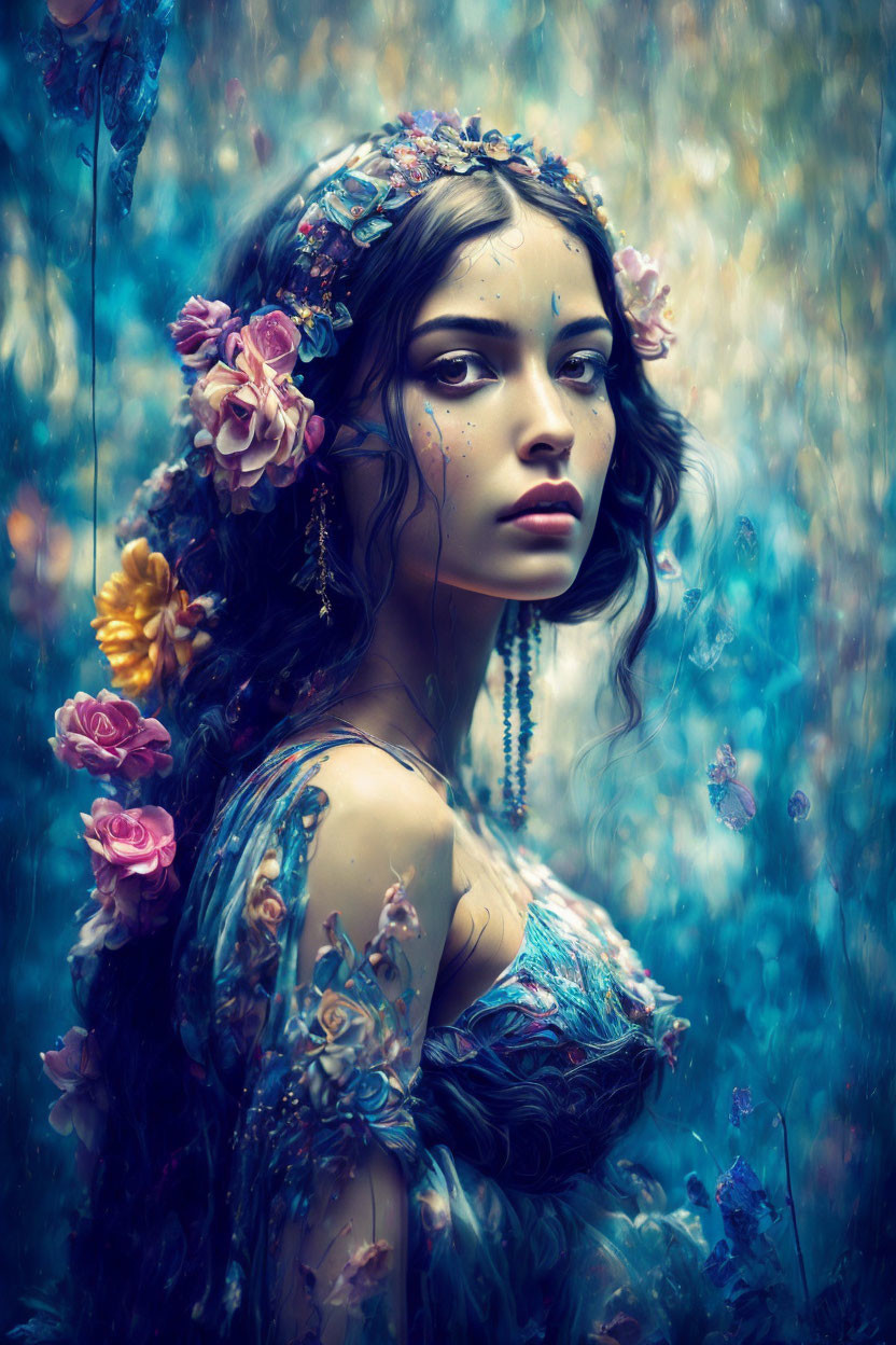 Woman in Floral Headpiece Surrounded by Ethereal Blue Backdrop