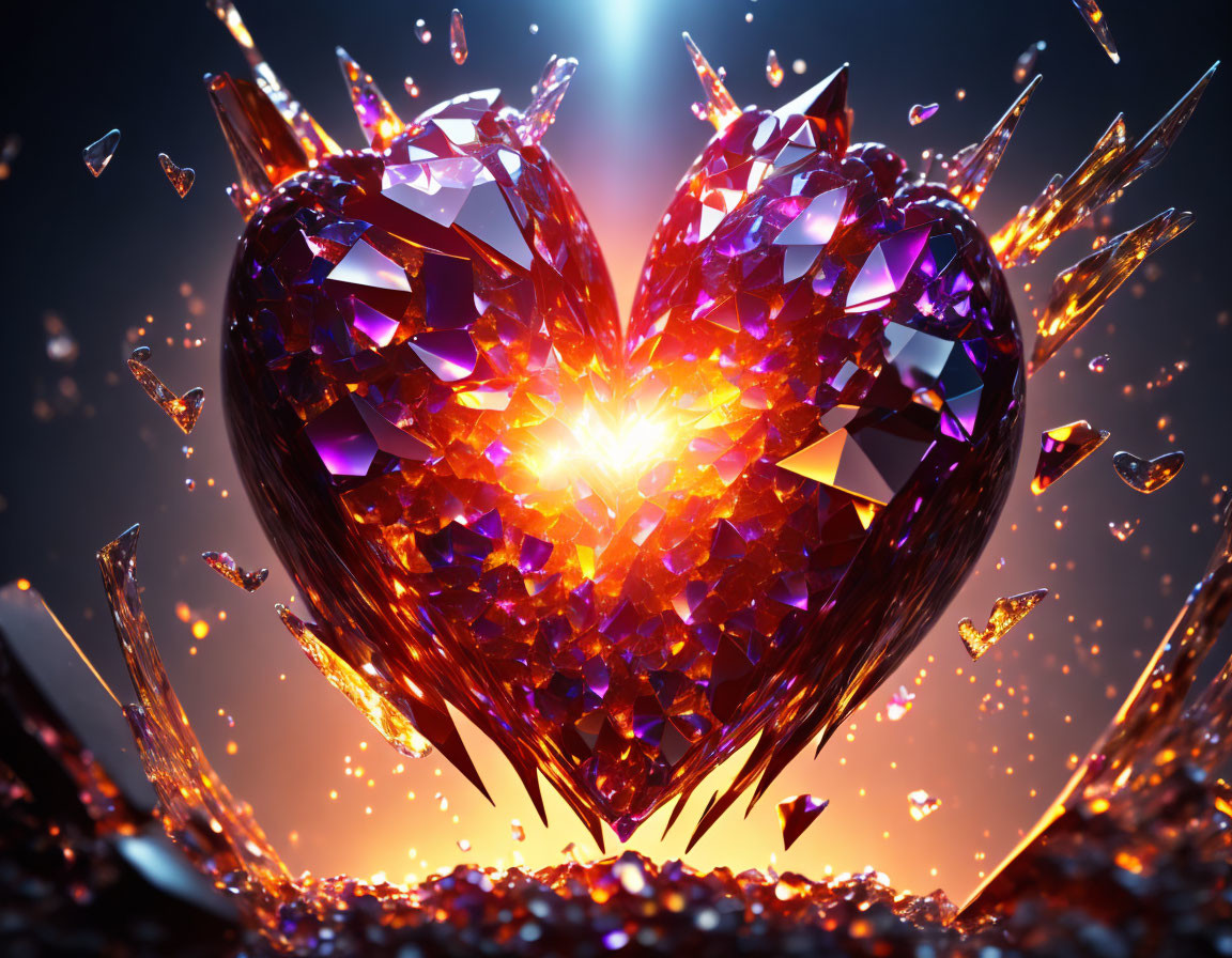 Shining crystal heart with light and shards on dark backdrop