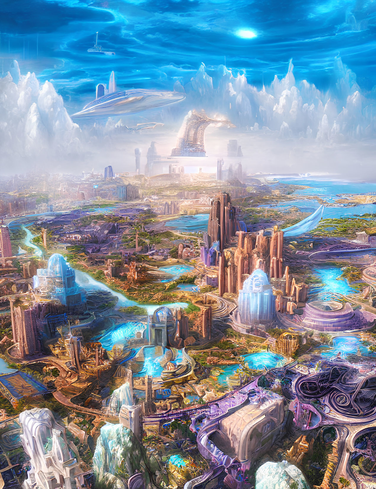 Futuristic cityscape with towering structures and advanced transport systems