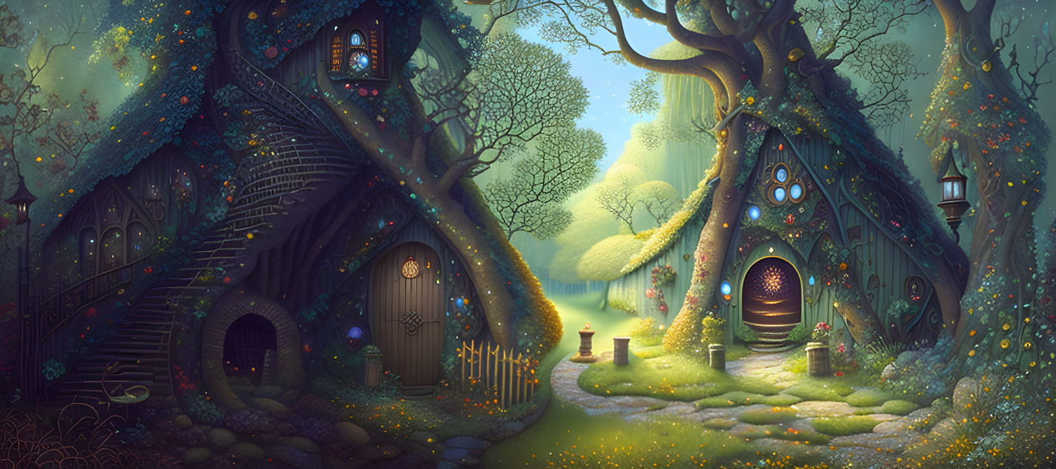Whimsical enchanted forest scene with glowing tree houses and cobblestone path