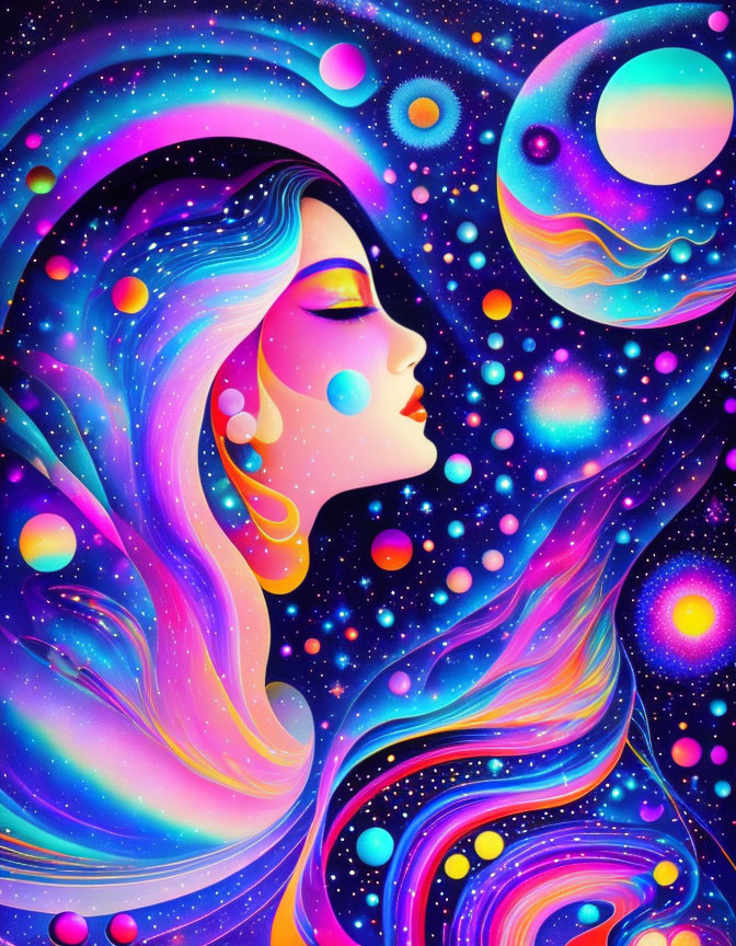 Colorful psychedelic woman profile with cosmic elements