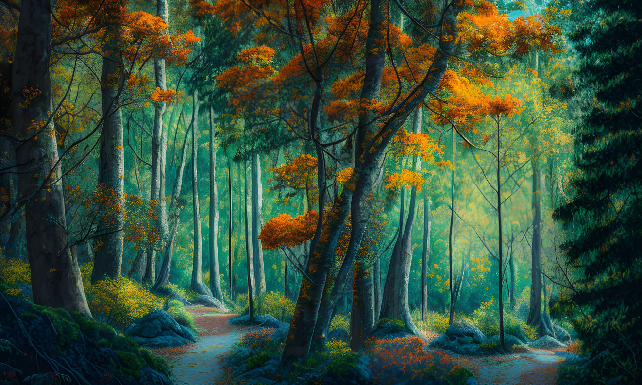 Ethereal forest scene with vibrant orange and green foliage