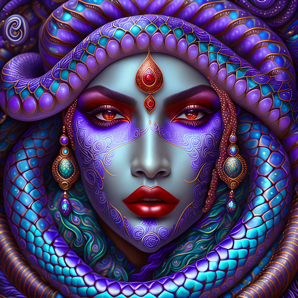 Digital artwork of woman with blue skin and serpent headdress