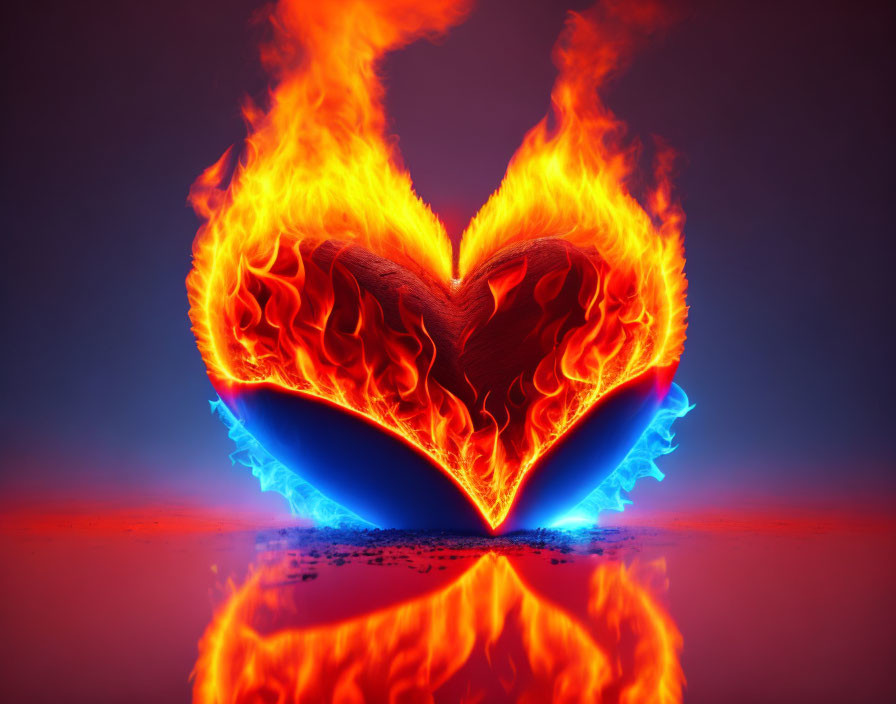 Fiery Heart 3D Digital Art with Red and Blue Flames on Glossy Surface