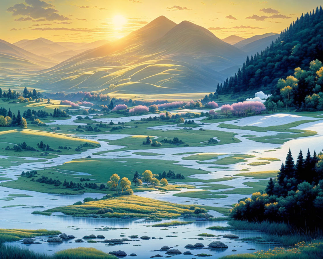 Tranquil sunrise landscape with rolling hills, river, blooming trees